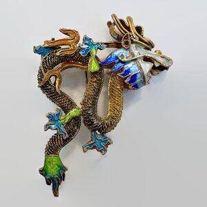 Chinese Export, Dragon Brooch, Cloisonne, Gold Gilt, Sterling Silver, 1930s